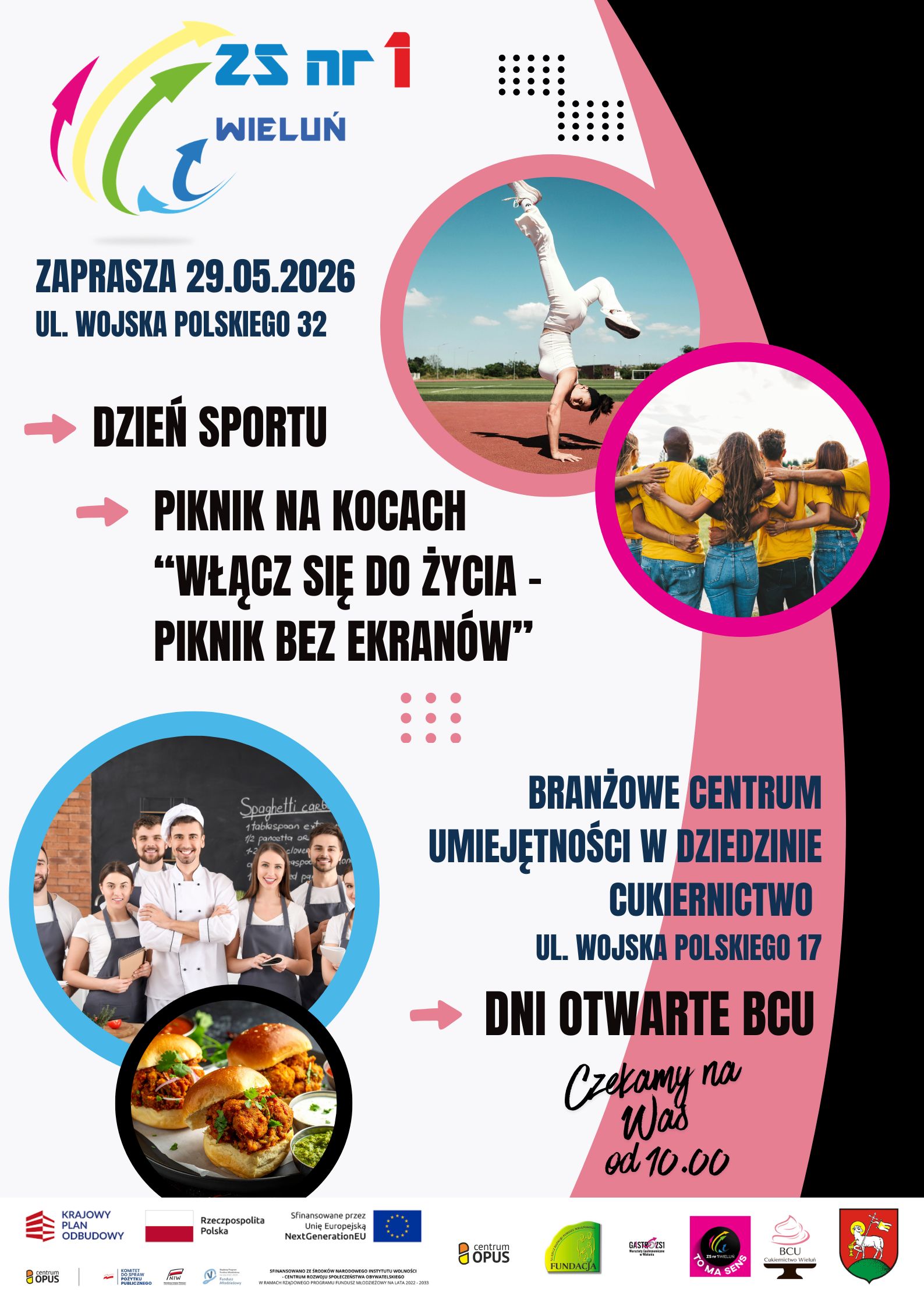 Jeden dzień, trzy wydarzenia! 29.05.2026 r. ZS1 zaprasza na: Dzień sportu, Piknik profilaktyczny. i Dni Otwarte BCU Cukiernictwo.